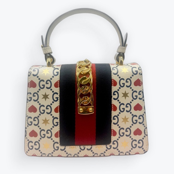 Auth Gucci White Leather Top Handle Ltd Edition Sylvie Heart GG Monogram Handbag - Picture 5 of 16